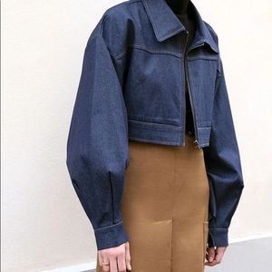 Frankie Shop Dark Indigo Cropped Denim Zip Jacket With Balloon Sleeve